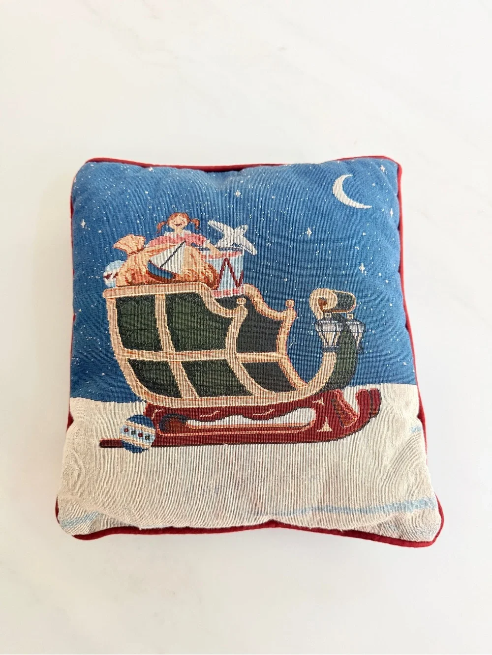 Vintage 90s Woven gobelin Tapestry Christmas throw Pillow Sleigh Girl 12
